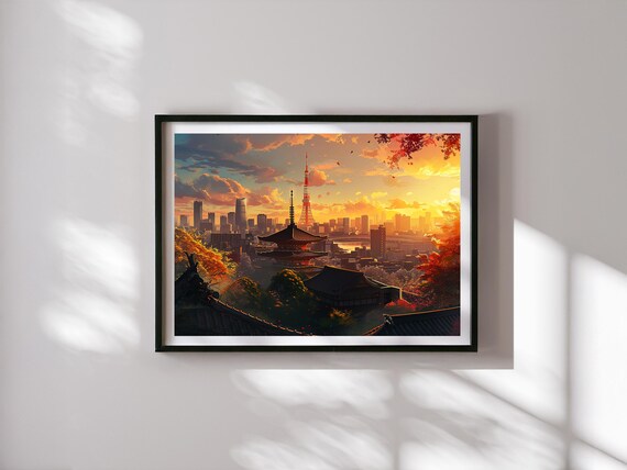 Tokyo Illustration Wall Art – Japan Cityscape Print – Modern Travel Poster – Mount Fuji & Tokyo Tower Artwork – Urban Skyline Decor