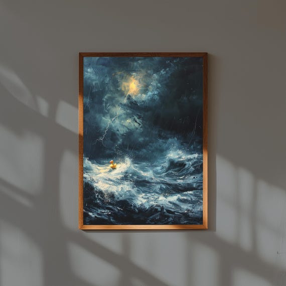 Epic Rubber Duck in Storm Oil Painting | Surreal Ocean Wall Art | Dramatic Nautical Decor | Whimsical Sea Print | Stormy Humor Poster