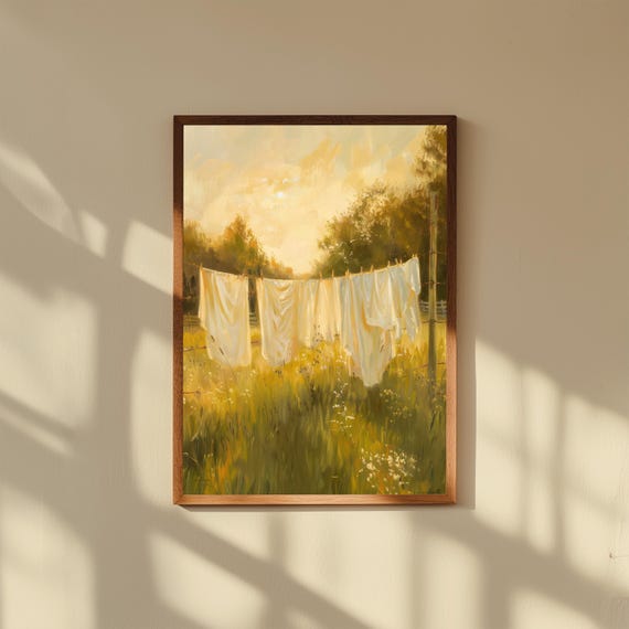 White Linen Drying in Summer Field Oil Painting | Rustic Countryside Wall Art | Peaceful Vintage Landscape Print | Farmhouse Decor