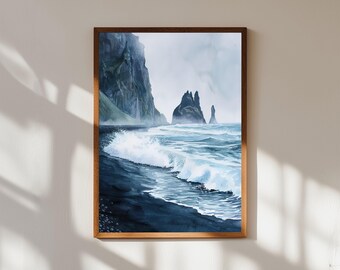 Iceland Black Sand Beach Watercolor Print: Reynisfjara Seascape Art