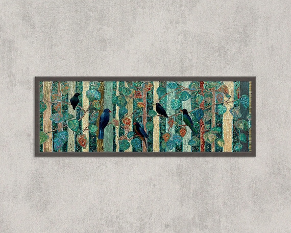 Klimt Mosaic Forest With Birds – Vibrant Teal Gold Woodland Art