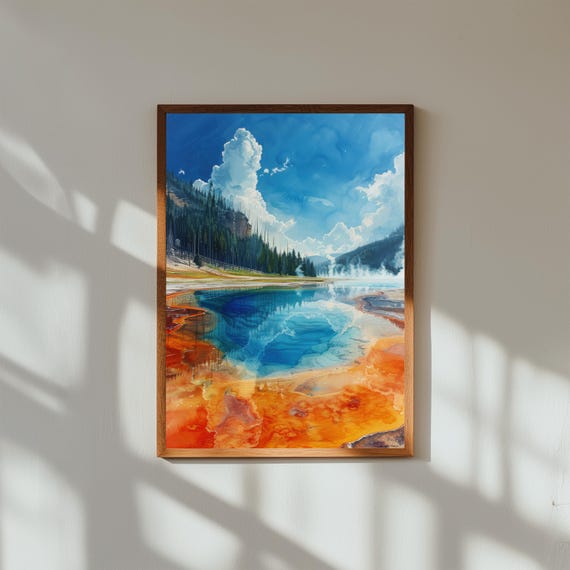 Watercolor Painting of Grand Prismatic Spring Yellowstone | National Park Wall Art Print | Vibrant Thermal Pool Nature Poster