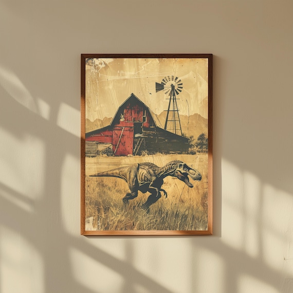 Tyrannosaurus Farm Print – Faded Lithograph-Style Dinosaur Poster, Red Barn & Windmill Wall Art, Vintage Country Surreal Decor