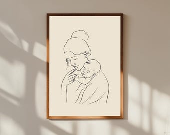 Impression d'art au trait mère et bébé : décoration de chambre d'enfant minimaliste