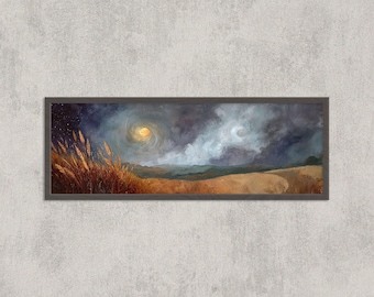 May include: A framed landscape painting depicts a night scene with a swirling, bright yellow moon and a crescent moon. Tall, golden-brown grasses are in the foreground, with rolling hills and a starry sky. The artwork is in a dark brown frame.