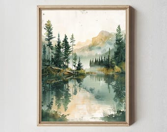 Cozy Cabin Lake Print: Serene Forest Landscape Art