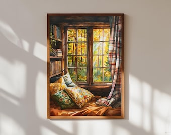 Cozy Reading Nook Watercolor Print: Cottagecore Cabin Window Art