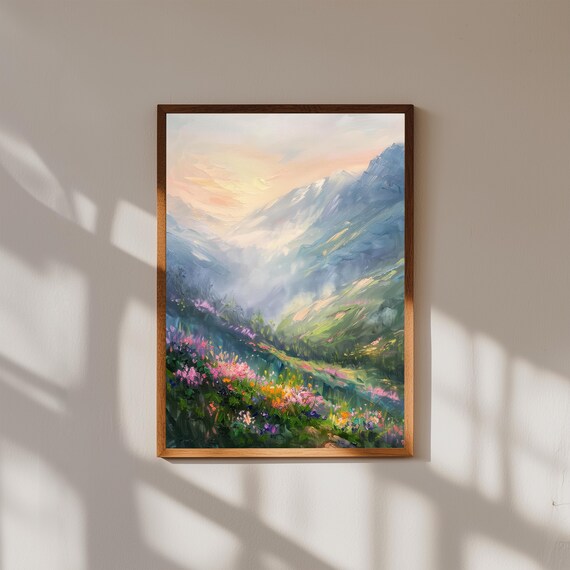 Mountain Valley Oil Painting at Spring Dawn | Misty Sunrise Landscape Wall Art | Nature Canvas Print | Serene Mountain Decor