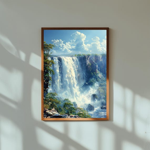 Watercolor Painting of Victoria Falls Africa | Natural Wonder Wall Art Print | Waterfall Landscape Travel Poster