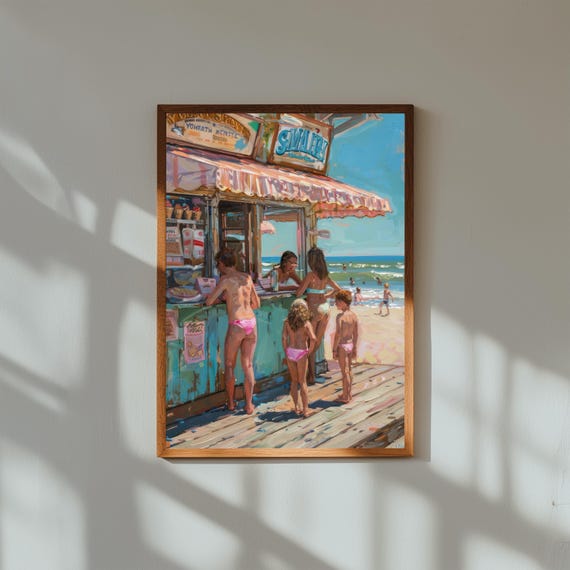 1950s Ice Cream Stand Print, Retro Boardwalk Oil Painting, Vintage Summer Wall Art, Mid-Century Americana Poster, Beach Nostalgia Decor