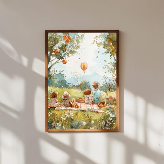 Whimsical Watercolor Picnic Print, Children in Sunny Meadow Art, Nursery Wall Decor, Pastoral Kids Room Illustration, Summer Day Scene