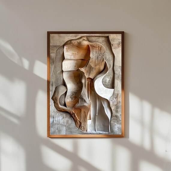 Sculpture Abstract Relief Wall Art, 3D Textured Modern Wall Decor, Minimalist Contemporary Art Print, Neutral Toned Wall Sculpture