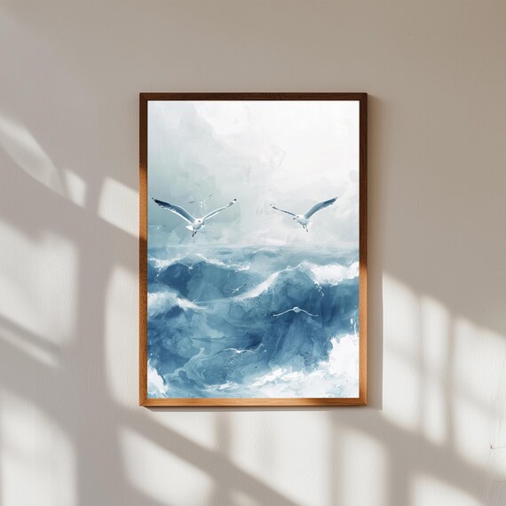 Seagulls Over Ocean Waves Coastal Wall Art – Seaside Painting Print, Beach House Decor, Nautical Ocean Scene, Soothing Blue Tones