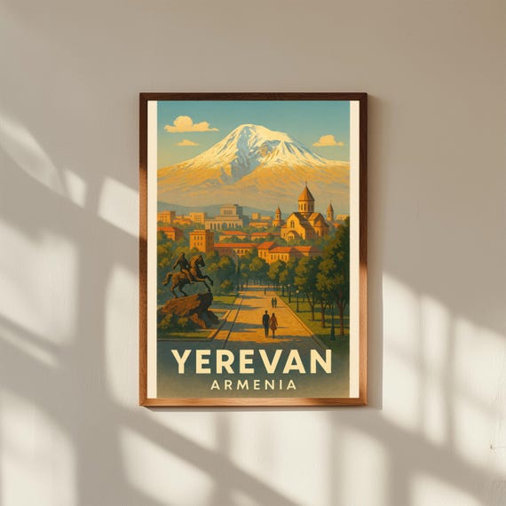 Yerevan Armenia Vintage Travel Poster Print – Retro Wall Art of Mount Ararat & Cascade Complex – Armenian Decor for Home or Office