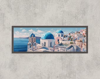 Santorini Watercolor Print: Greece Blue Dome Coastal Art