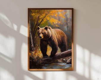 Grizzlybeer-schilderijprint: rustieke muurkunst hut