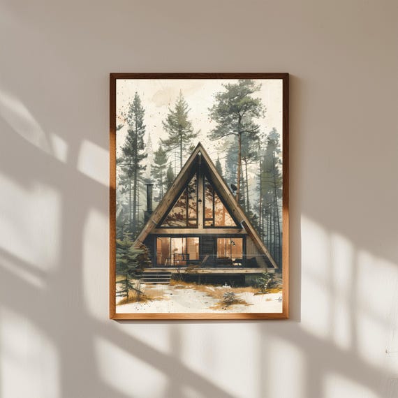 Rustic A-Frame Cabin in Pine Forest – Architectural Forest Wall Art, Minimalist Nature Poster, Rustic Woodland Cabin Decor