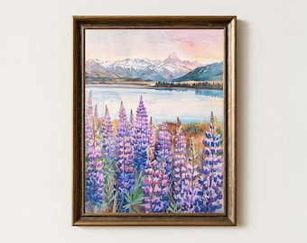 Lake Tekapo Watercolor Print: New Zealand Lupine Flower Field Landscape