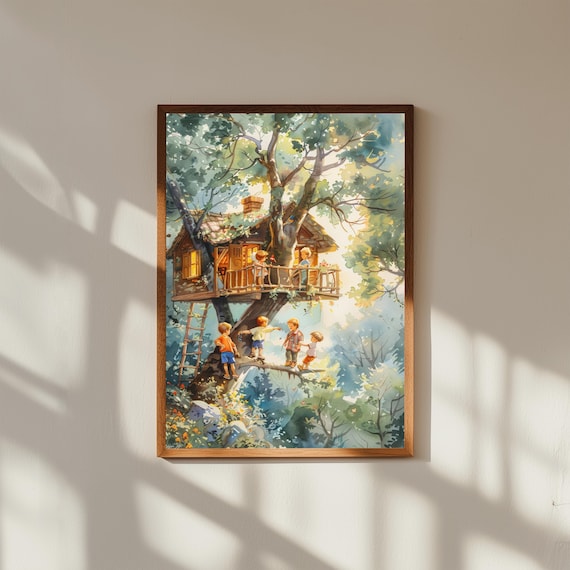 Whimsical Treehouse Watercolor Print, Children Playing in Tree House Art, Nursery Wall Decor, Childhood Adventure Illustration