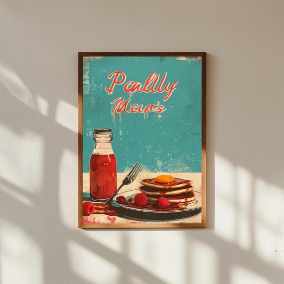 Retro Diner Breakfast Wall Art – Vintage Menu Print with Pancakes, Eggs & Bacon, 50s Kitchen Decor, Classic American Cafe Poster