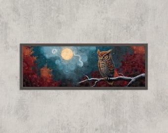 Owl Wall Art, Full Moon Night Painting, Mystical Forest Wildlife Print