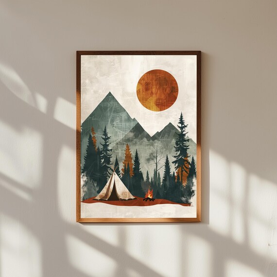Retro Camping Wall Art with Tent, Pine Trees & Campfire | Vintage Outdoor Print | Rustic Cabin Decor | Nature Hiker Gift | Camp Poster