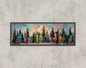 Stampa colorata di un villaggio in stile arte popolare: paesaggio con un cottage fantasioso