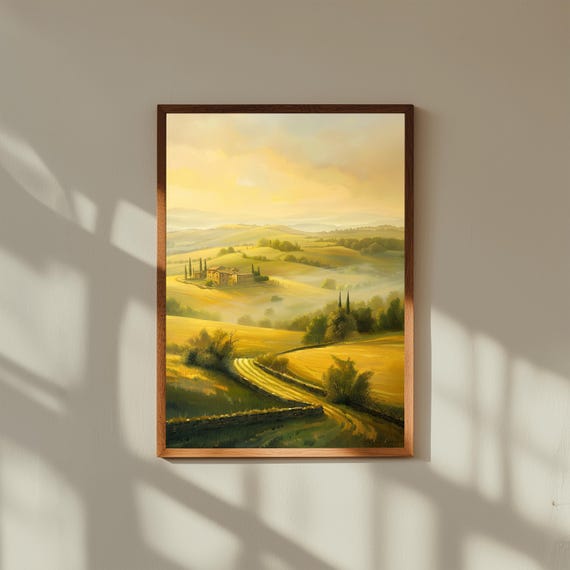 Misty European Hills Oil Painting – Early Morning Fog Landscape Print – Soft Rural Fine Art Poster – Serene Nature Wall Decor