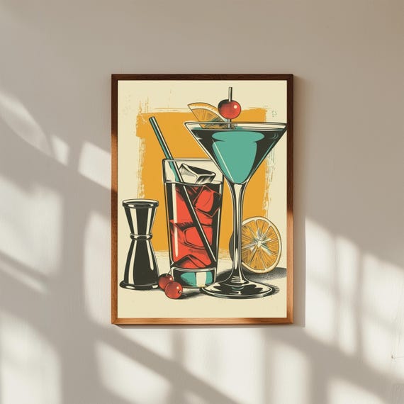 Retro Cocktail Wall Art – Vintage Martini Glasses & Shaker Print, Mid-Century Bar Decor, 50s Lounge Vibe, Classic Home Bar Poster
