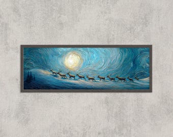 Nordic Reindeer Winter Landscape Art Print: Moonlit Wildlife Scene