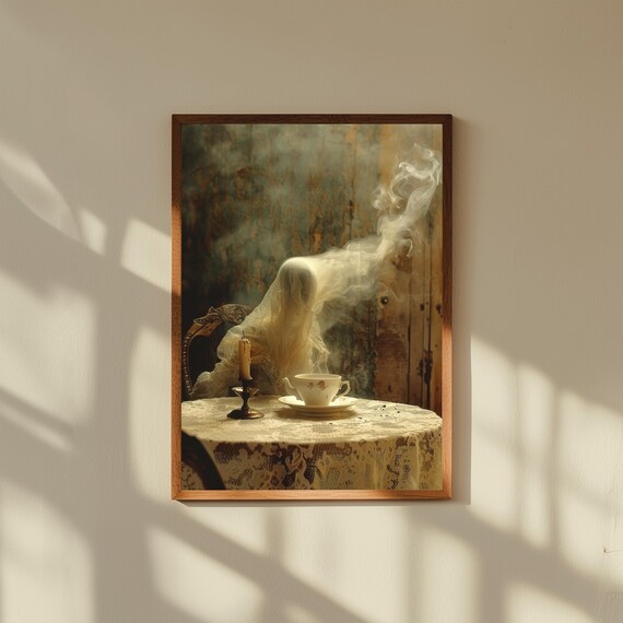 Ethereal Ghost at Victorian Tea Table Art Print – Gothic Haunted House Decor, Vintage Ghost Wall Art, Spooky Aesthetic Halloween Poster