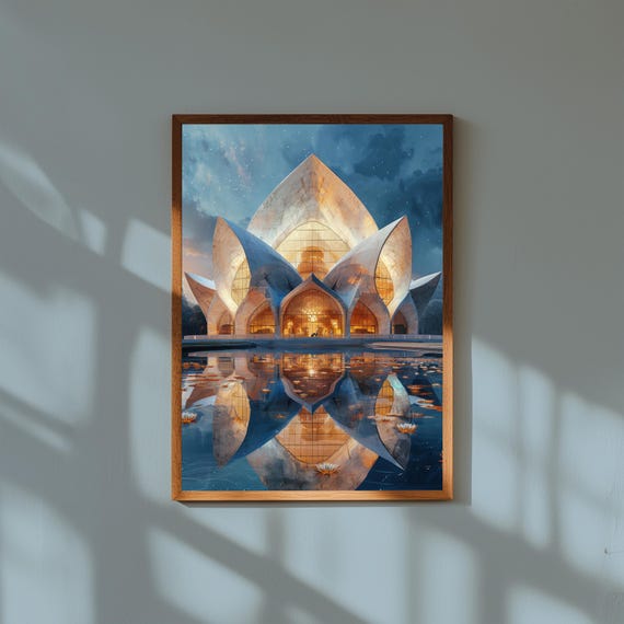 Watercolor Painting of Lotus Temple Delhi at Sunset | Bahá’í House of Worship Wall Art Print | Modern Spiritual Landmark Poster