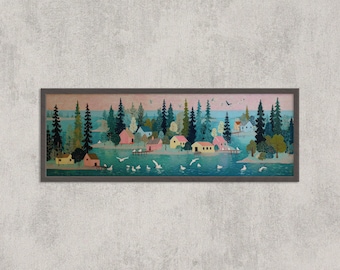 Scandinavian Folk Art Print: Nordic Lakeside Cottage Scene