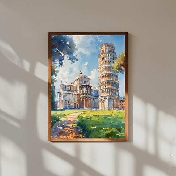 Watercolor Painting of Leaning Tower of Pisa & Cathedral | Italian Landmark Wall Art Print | Historic Europe Travel Poster