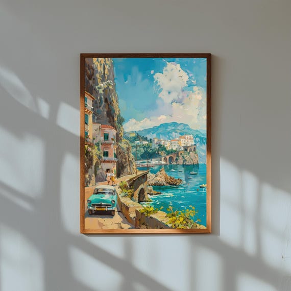 Amalfi Coast Summer Oil Painting Print, Mediterranean Wall Art, Italian Seaside Poster, Coastal Landscape Decor, Europe Travel Art