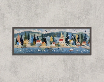 Scandinavian Coastal Print: Nordic Folk Art Village Seascape