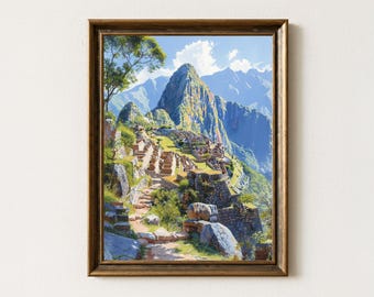 Machu Picchu Watercolor Print: Peruvian Mountain Landscape Art