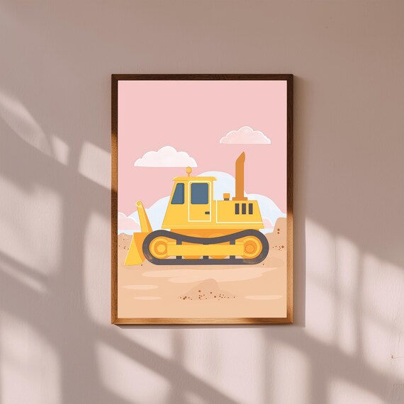 Cute Yellow Bulldozer Nursery Wall Art | Construction Truck Kids Print | Playful Toddler Room Poster | Baby Boy Vehicle Decor Gift