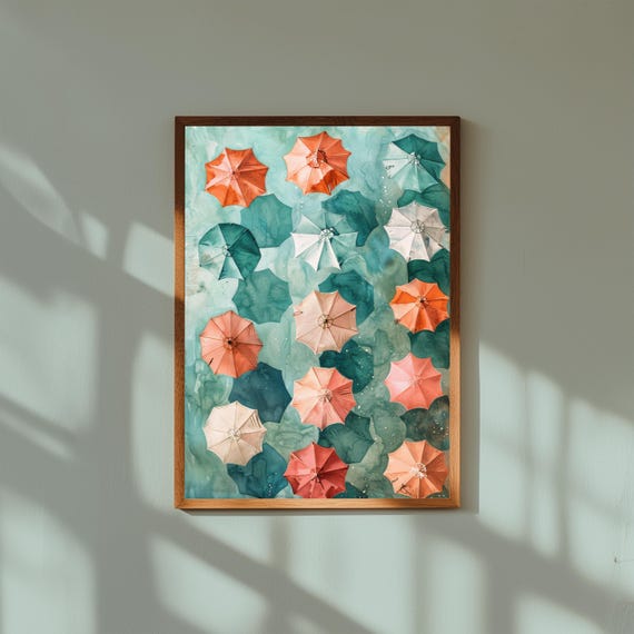 Beach Umbrellas Aerial Wall Art | Colorful Coastal Painting | Summer Ocean Print | Top-Down Seaside Decor | Vibrant Beach Artwork