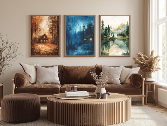 Cabin Wall Art Set of 3 – Forest Landscape Prints – Autumn, Night, and Mountain Lake Woodland Decor