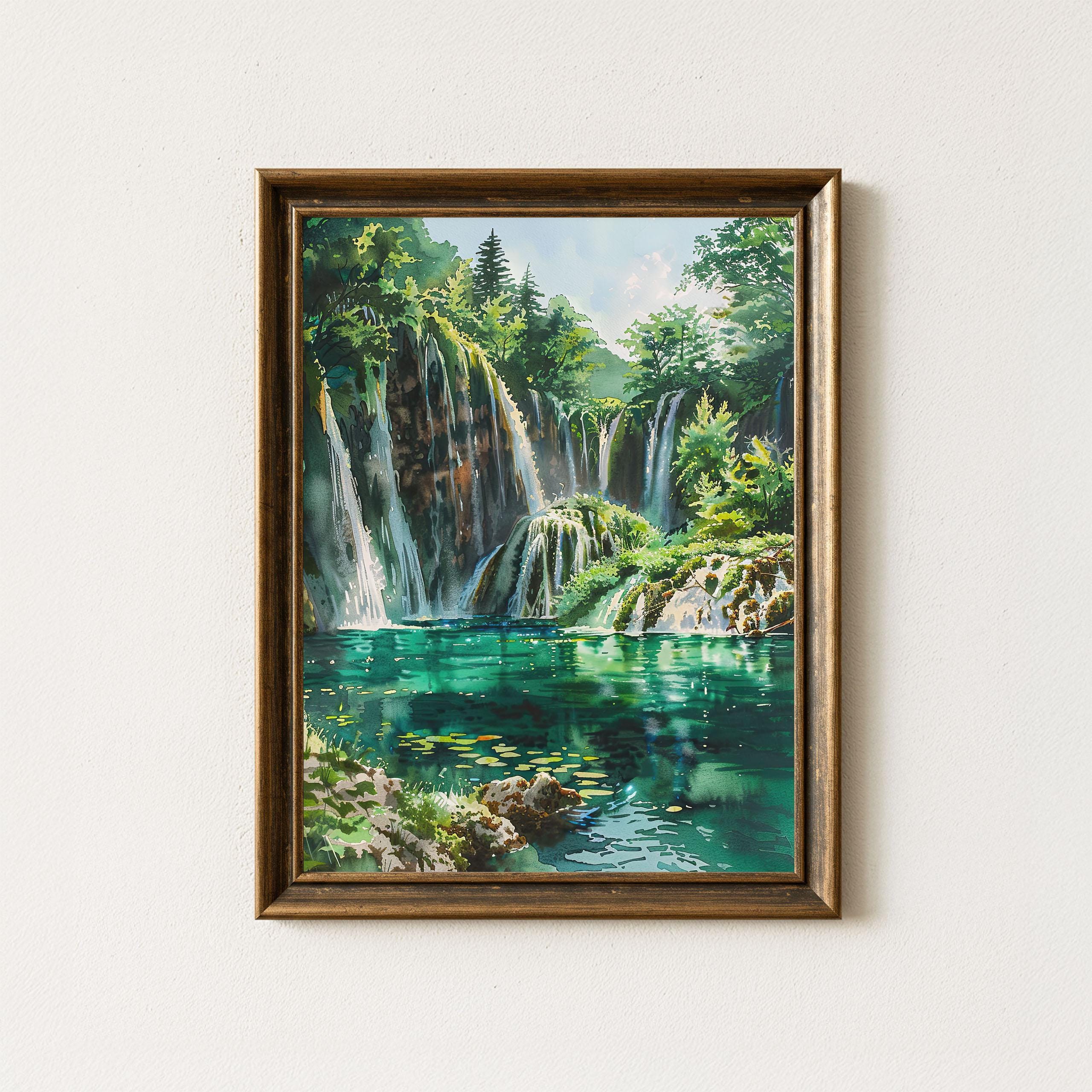 「クロアチアの滝」水彩画・原画 プリトヴィツェ湖の水彩画の秋のウォールアートプリント、クロアチアの