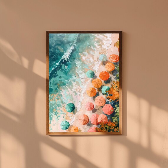 Beach Umbrellas Aerial Wall Art | Colorful Coastal Painting | Summer Ocean Print | Top-Down Seaside Decor | Vibrant Beach Artwork