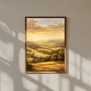 Neblige europäische Hügel Ölgemälde - Morgennebel Landschaftsdruck - Sanfte ländliche Kunst Poster - Gelassene Natur Wanddekoration