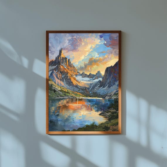 Jagged Mountain Peaks at Sunrise Oil Painting – Epic Landscape Fine Art Print – Glowing Summit Wall Decor – Dramatic Nature Artwork