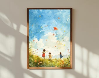 Skurrile Aquarell-Drachenfliegen-Kunst - Kinder im offenen Feld Illustration, Kinderzimmer-Wandkunst, Kindheitsgedächtnis-Druck, verspieltes Pastelldekor