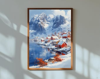 Lofoten Islands Watercolor Painting: Nordic Landscape Art Print