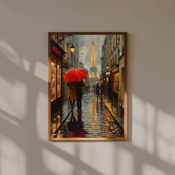 Romantic Paris Oil Painting – Couple with Red Umbrella Wall Art, Eiffel Tower Poster, Rainy Paris Street Print, French Love Decor
