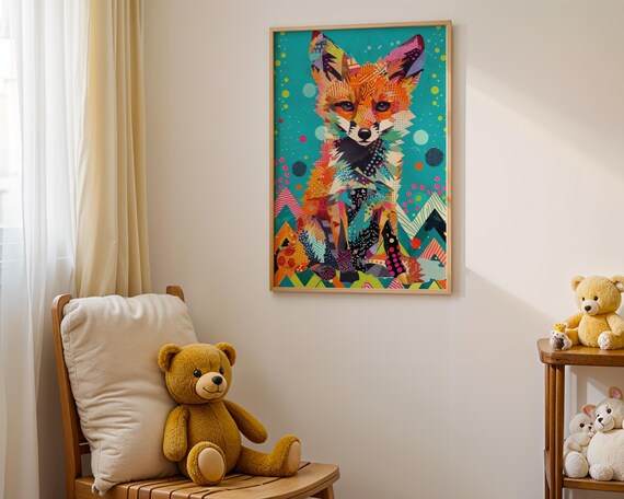 Funky Baby Fox Nursery Art – Whimsical Woodland Animal Poster, Cute Fox Wall Print, Modern Gender Neutral Baby Room Decor