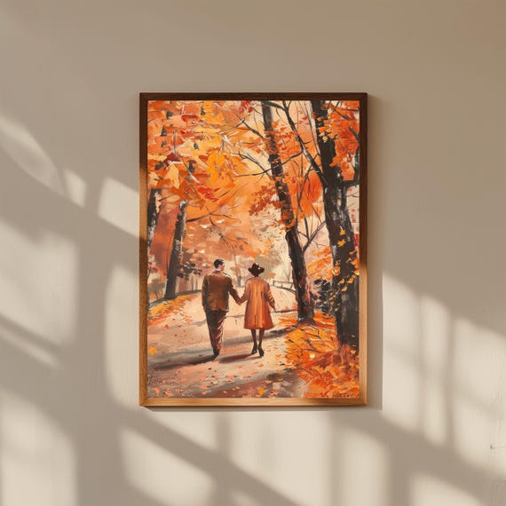 Vintage Fall Couple Oil Painting – 1940s Attire Walking Through Park – Romantic Autumn Wall Art with Falling Leaves