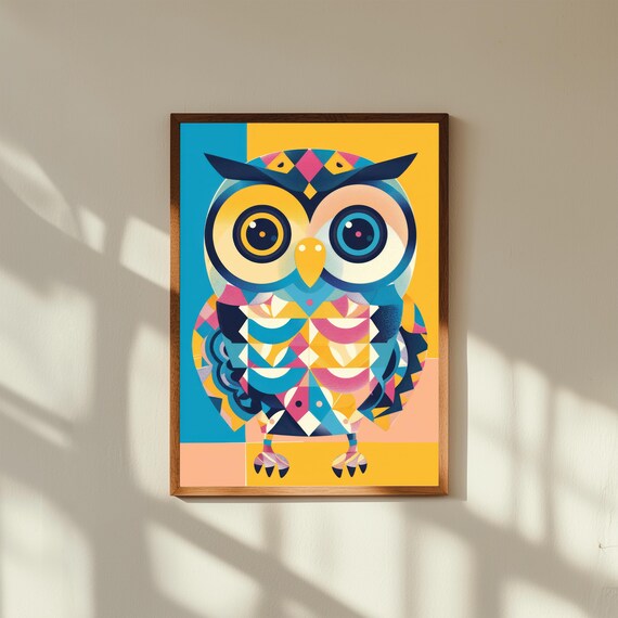 Funky Baby Owl Nursery Art – Whimsical Woodland Animal Poster, Cute Owl Wall Print, Modern Gender Neutral Baby Room Decor